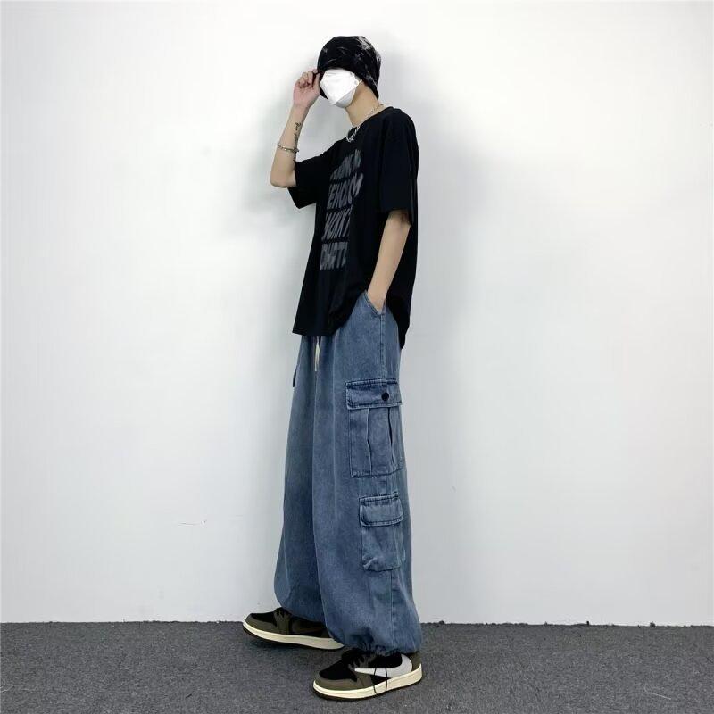 Chinese Street Trend Hip-Hop Straight-Leg Cargo Jeans: Retro Loose Wide-Leg Mid-High Waist Casual Pants