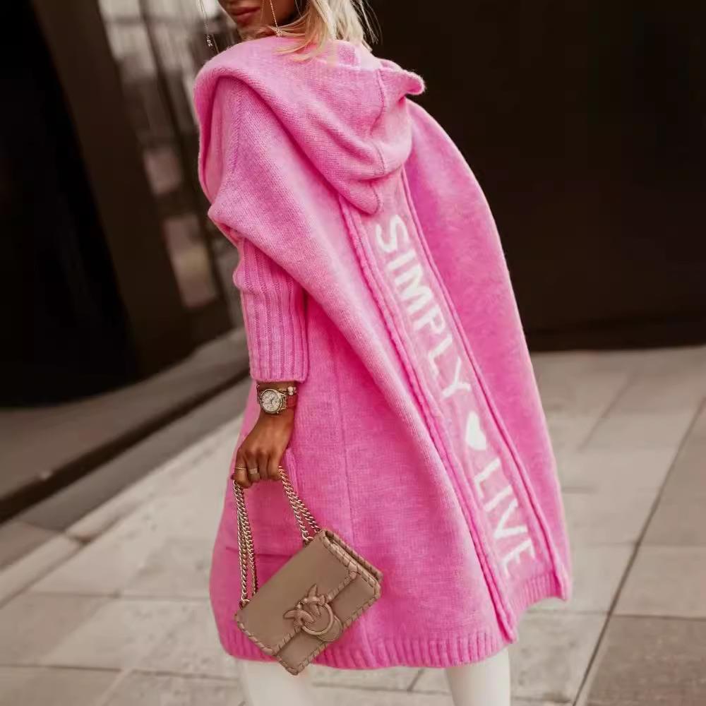 Autumn/Winter Hooded Long Cardigan Sweater with Turn-Down Collar and Letter Knit Design