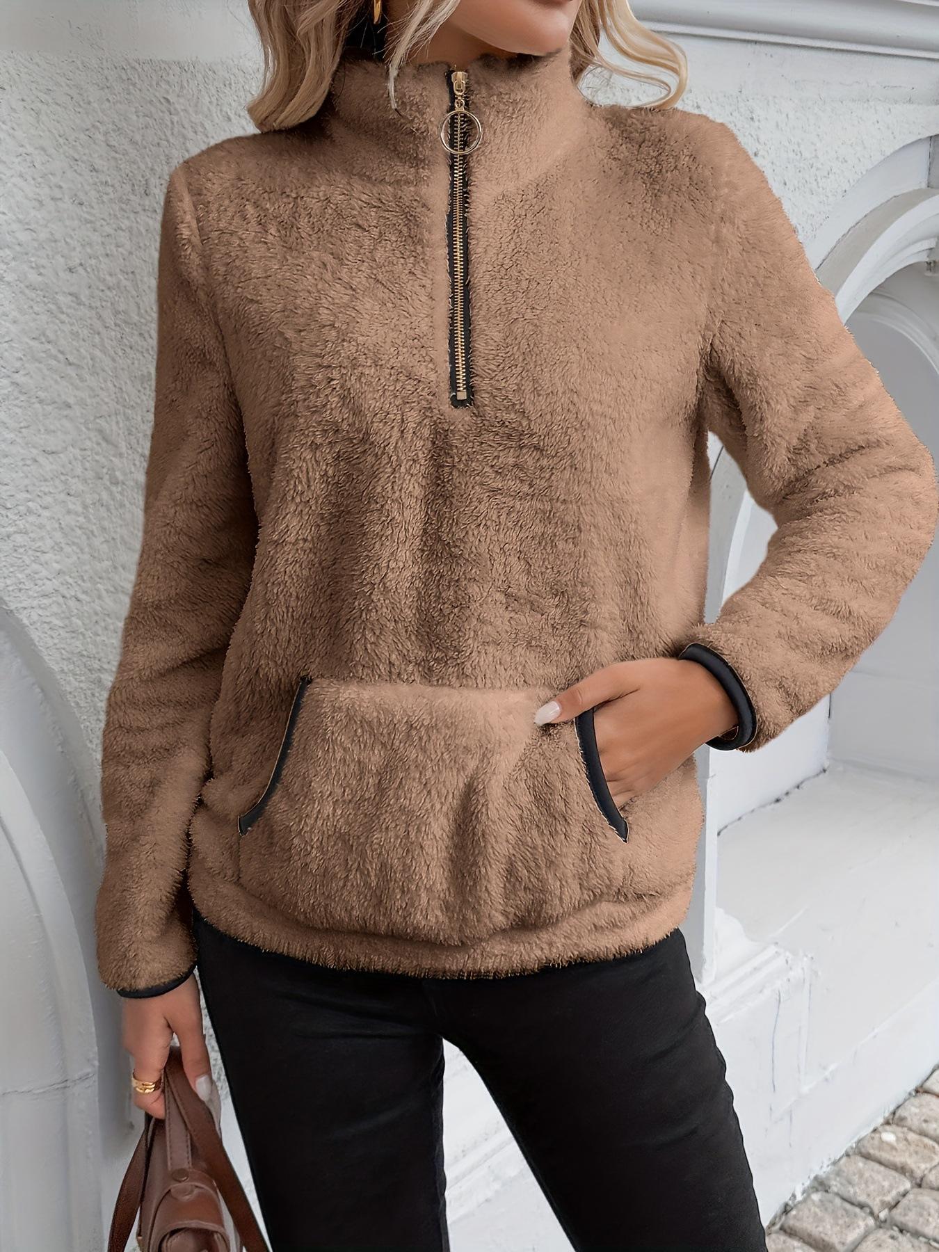 

2026 Women s European & American Autumn/Winter Plush Sweatshirt with Semi-High Neck and Zipper Pockets XXL кавовий