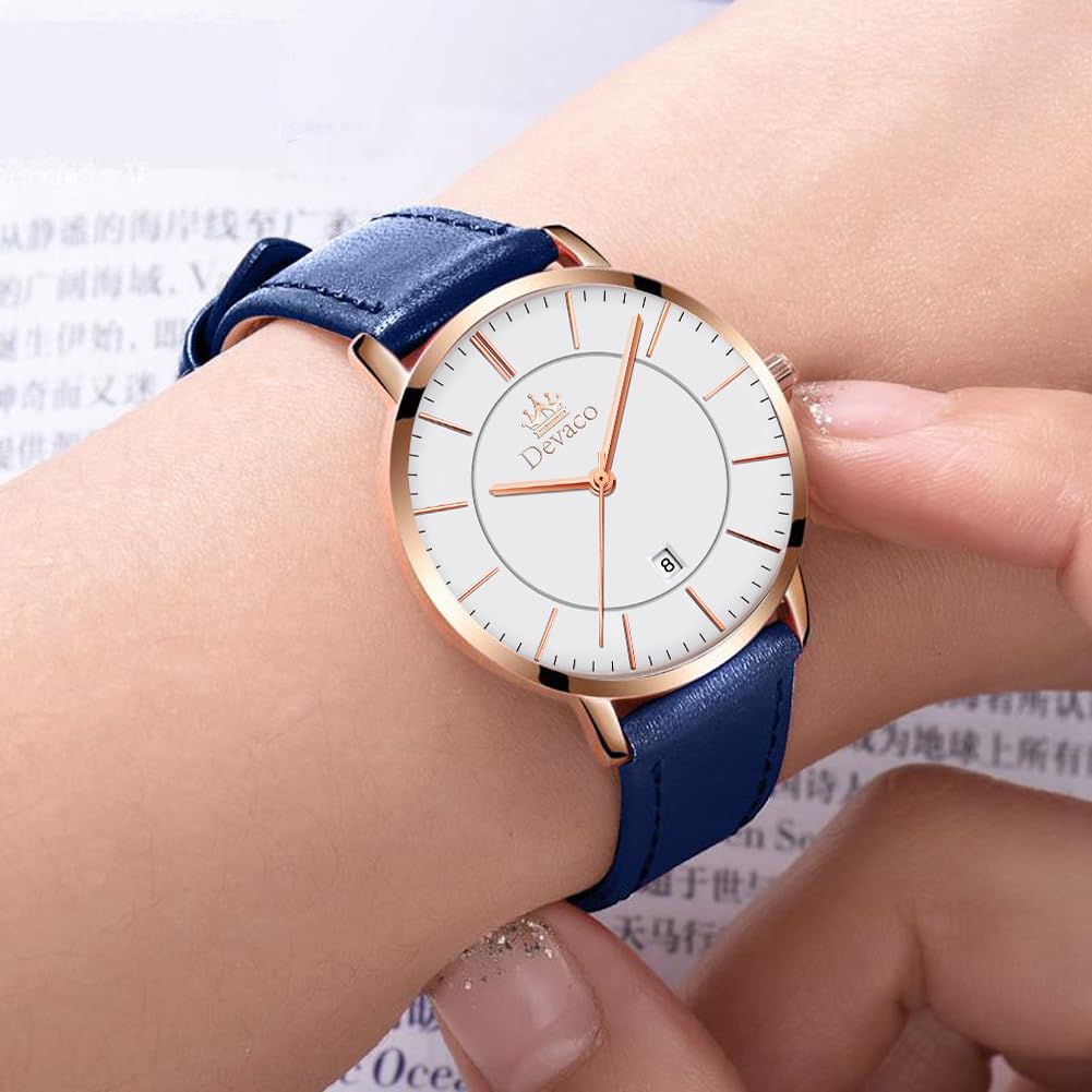 Kadın Saati mavi şık su geçirmez ultra ince deri kayış analog basit kadran okunması kolay moda ince lise öğrencisi saati kadınlar için