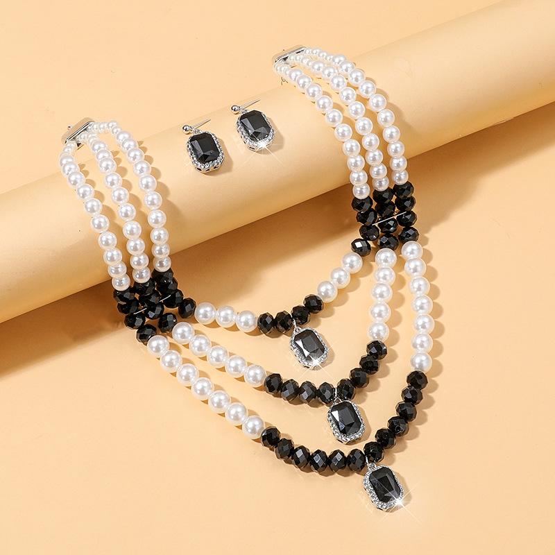 Geometrische Mehrschichtige Imitation Perle Kristall Halskette Ohrstecker Party Imitation Perle Diamant Halskette Schmuckset