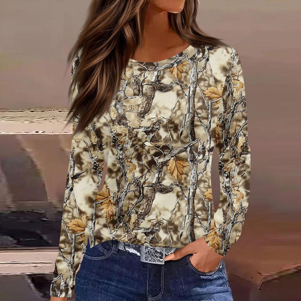 Damenmode Saumschlitz Lässig Totblatt-Print Rundhals Langarm Oberteil