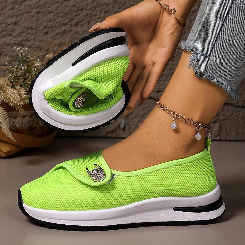 Fashion Crystal Metal Light Breathable Sneakers Women Summer Thick Sole Platform Mesh Shoes Plus Size Comfort Non Slip Walking Shoes
