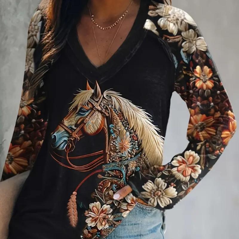 

Цветы, конские перья Принт Женские футболки Женские топы Длинные рукава V-образный вырез Пуловер Femme Футболки Футболка для женщин XS чёрный