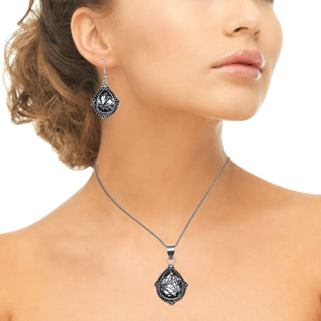 Black Rutile Set  Pendant  Jewelry Earring 18-20'' Gemstone Handmade