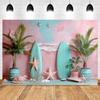 Summer Beach Photography Backdrop Hawaiian Pink Tropical Ocean Seaside Surfboard Kids Birthday Holiday Party Photo Background