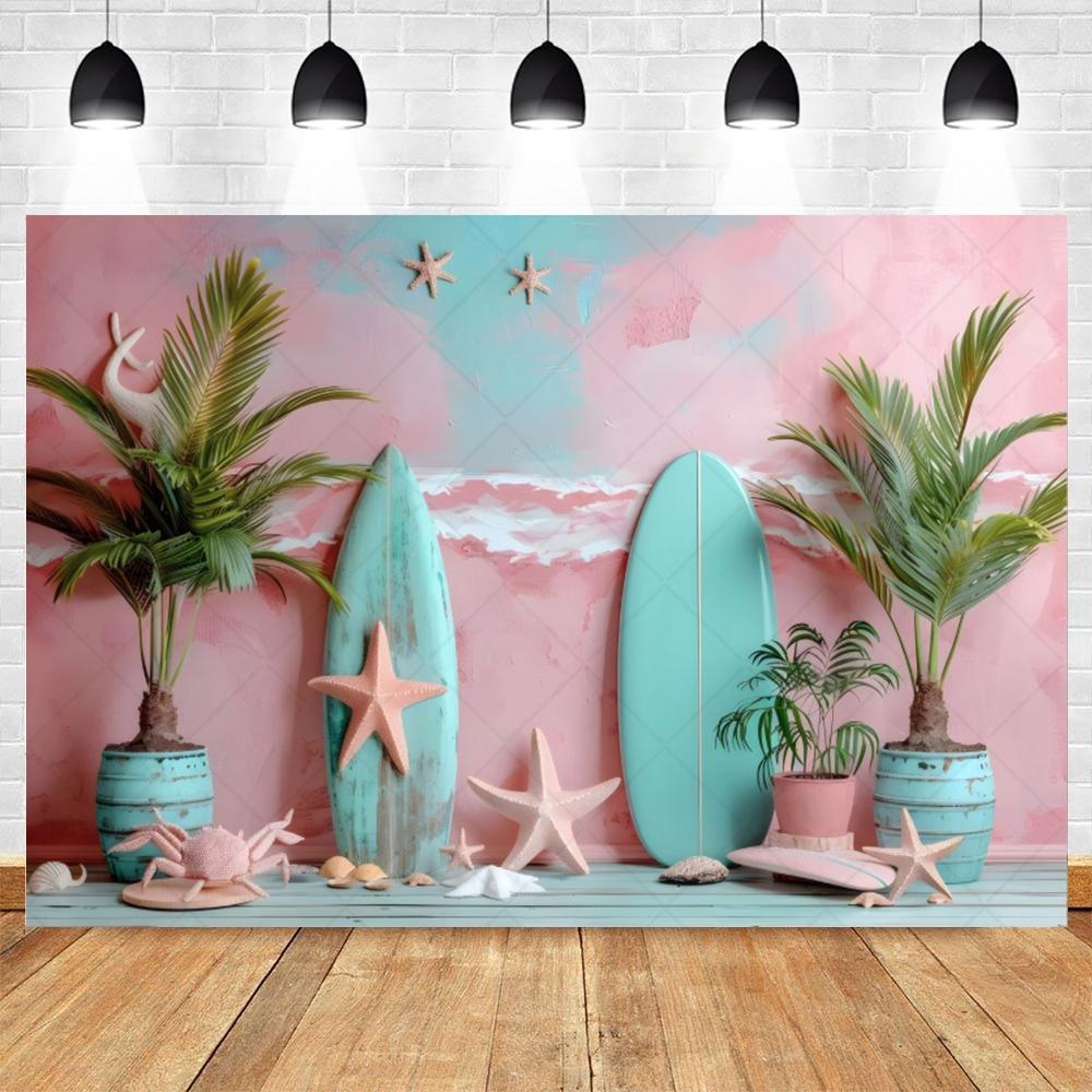 Summer Beach Photography Backdrop Hawaiian Pink Tropical Ocean Seaside Surfboard Kids Birthday Holiday Party Photo Background