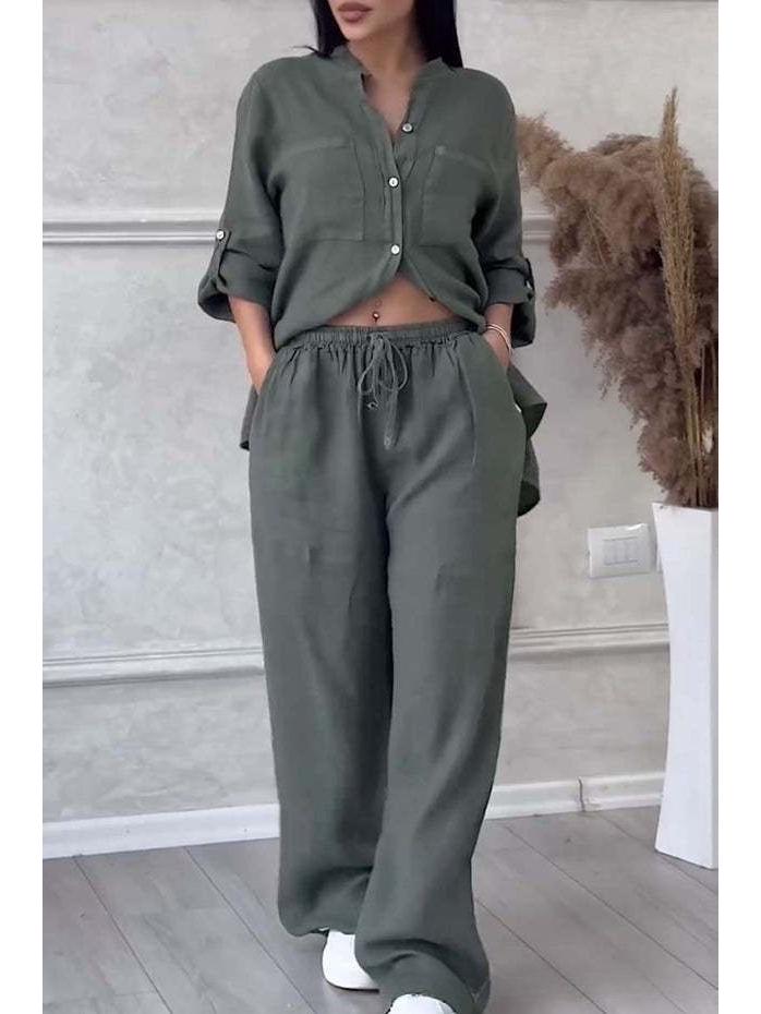 2025 European & American Casual Cotton Linen Shirt & Drawstring Wide-Leg Pants Set