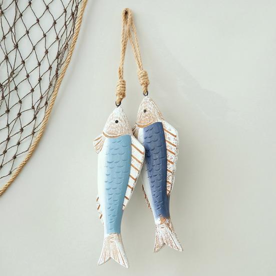 Mediterranean Vintage Wooden Fish Decoration Farmhouse Rustic Nautical Home Restaurant Wall Art Fish String Hanging Ornament Pendant