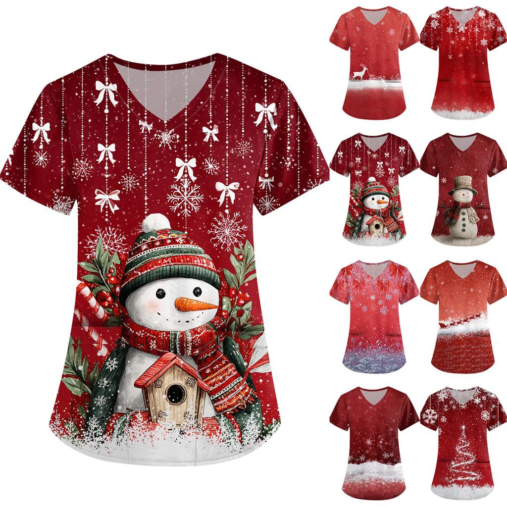 Dámské roztomilé tištěné pracovní oblečení s výstřihem do V, dvojité vrstvené kapsy Základní svetr s krátkým rukávem Valentines