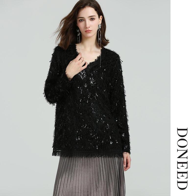 DONEED Elegant V-Neck Sequin Tassel Long-Sleeve Knit Sweater