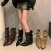 2025 Autumn and Winter New Pointed Rivet Western Boots Women's Knee Short Trouser Boots Belt Buckle Thick Heel Thin Boots