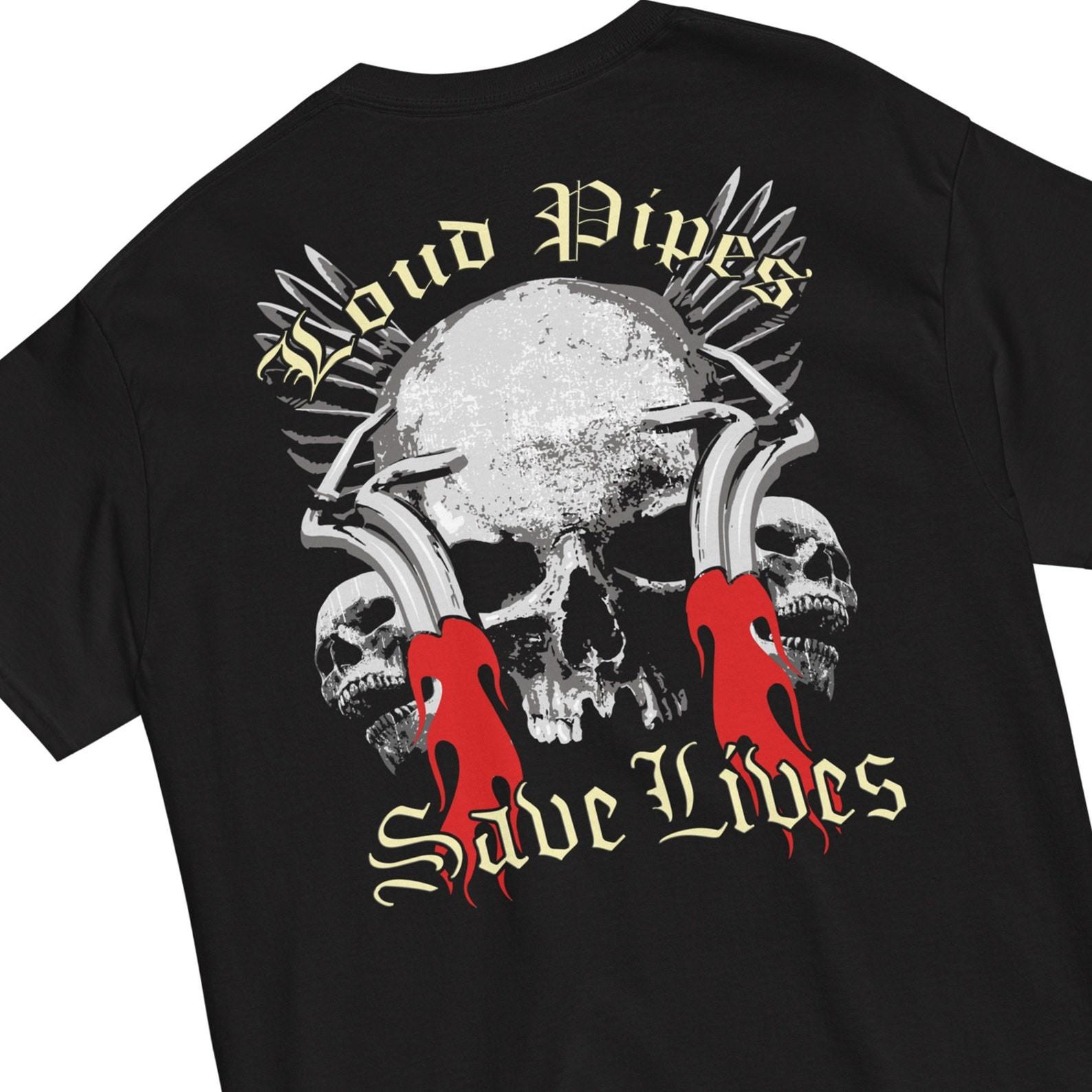 Loud Pipes Save Lives T-Shirt: Skulls & Flames Biker Tee S