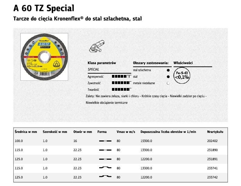 Klingspor Metal Cutting Disc 125Mm X 1.0Mm X 22.2Mm A60 Tz Special