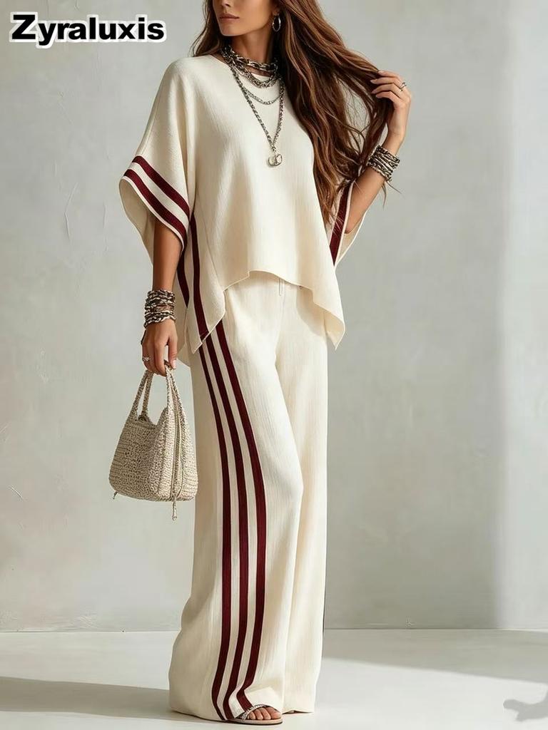 Summer New Women's Striped Patchwork Irregular Hem Casual Wide Leg Pants Two Piece Set