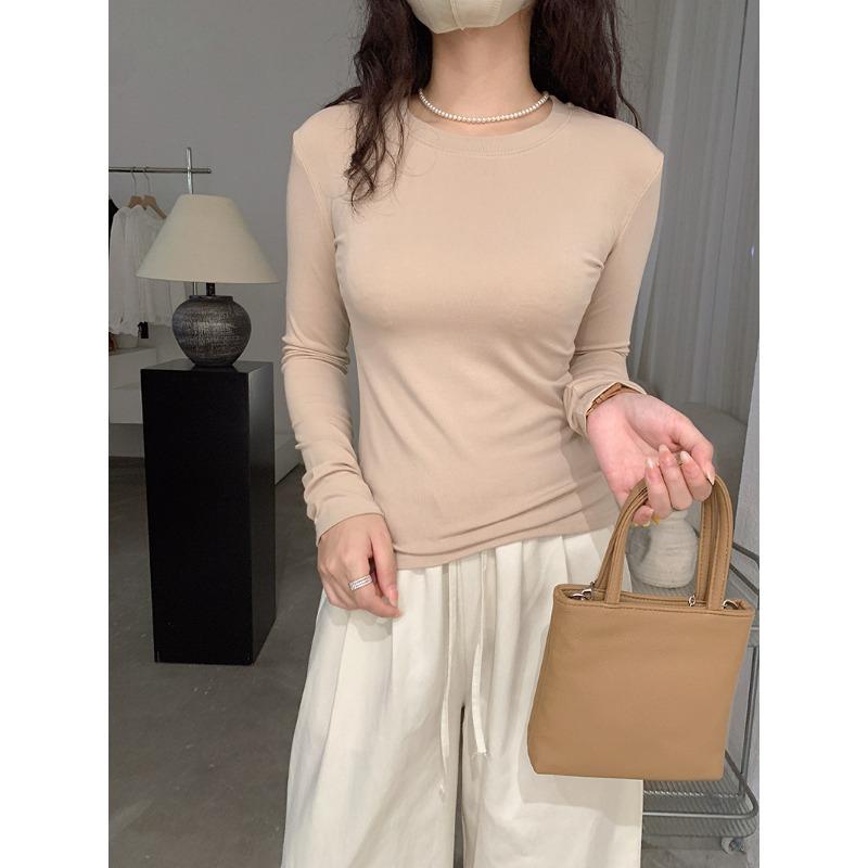 Frühling Herbst Rundhals Einfarbig Unterteil T-Shirt Damen Langarm Schlicht Allround Elastischer Pullover T-Shirt Top