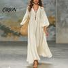 Comfortable Women Dress Women's Deep V Neck Maxi Dress, Puff 3/4 Sleeve Elegant Casual A-Line Flowy Loose Boho Beach Sundress Versatile