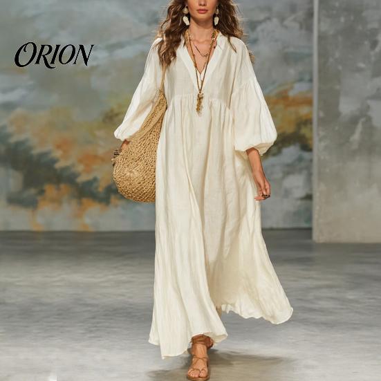 Comfortable Women Dress Women's Deep V Neck Maxi Dress, Puff 3/4 Sleeve Elegant Casual A-Line Flowy Loose Boho Beach Sundress Versatile