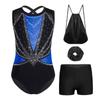 Kids Girls Gymnastics Dance Set Sleeveless Crisscross Back Shiny Rhinestones Color Block Metallic Leotard with Shorts Hairband and Drawstring Backpack