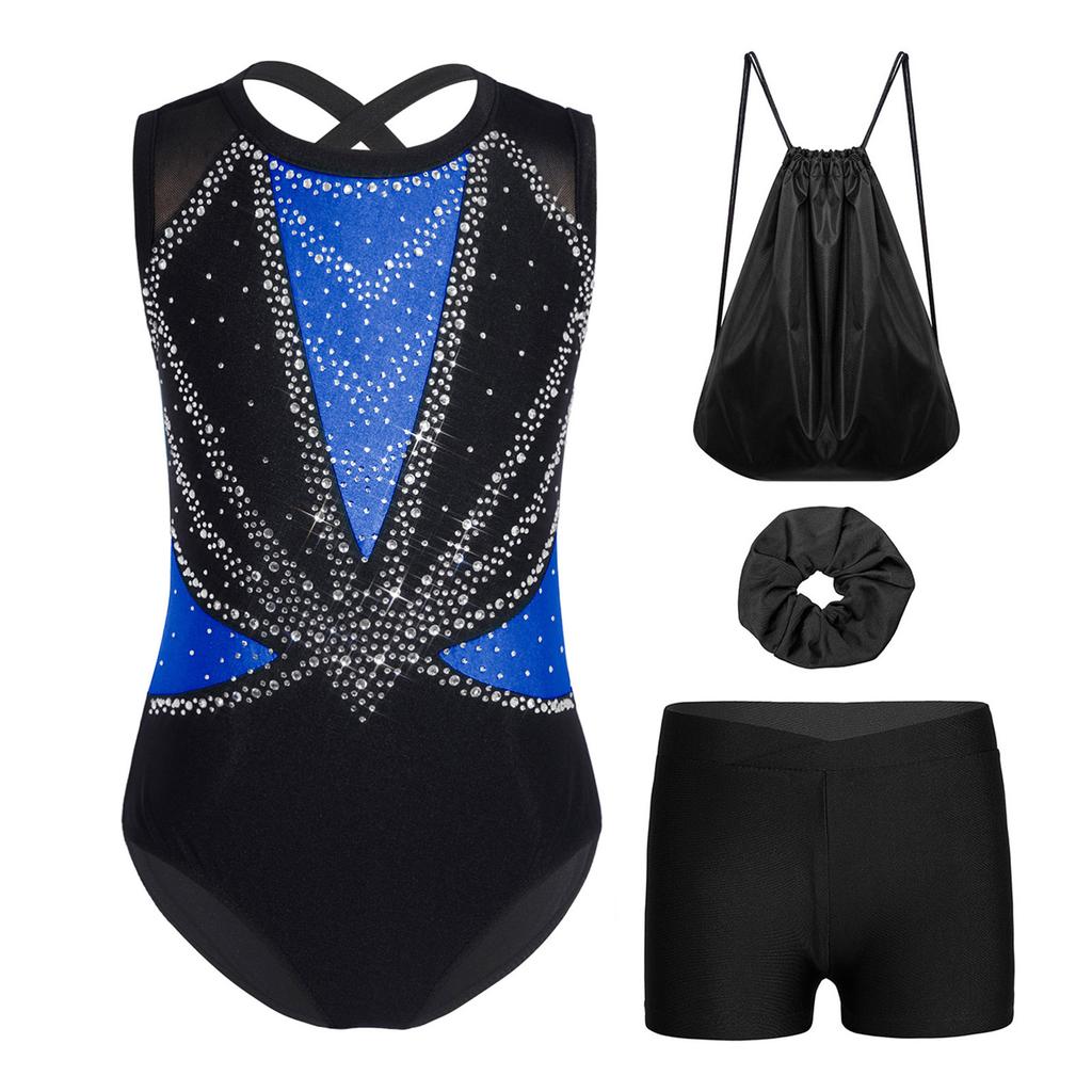 Kids Girls Gymnastics Dance Set Sleeveless Crisscross Back Shiny Rhinestones Color Block Metallic Leotard with Shorts Hairband and Drawstring Backpack