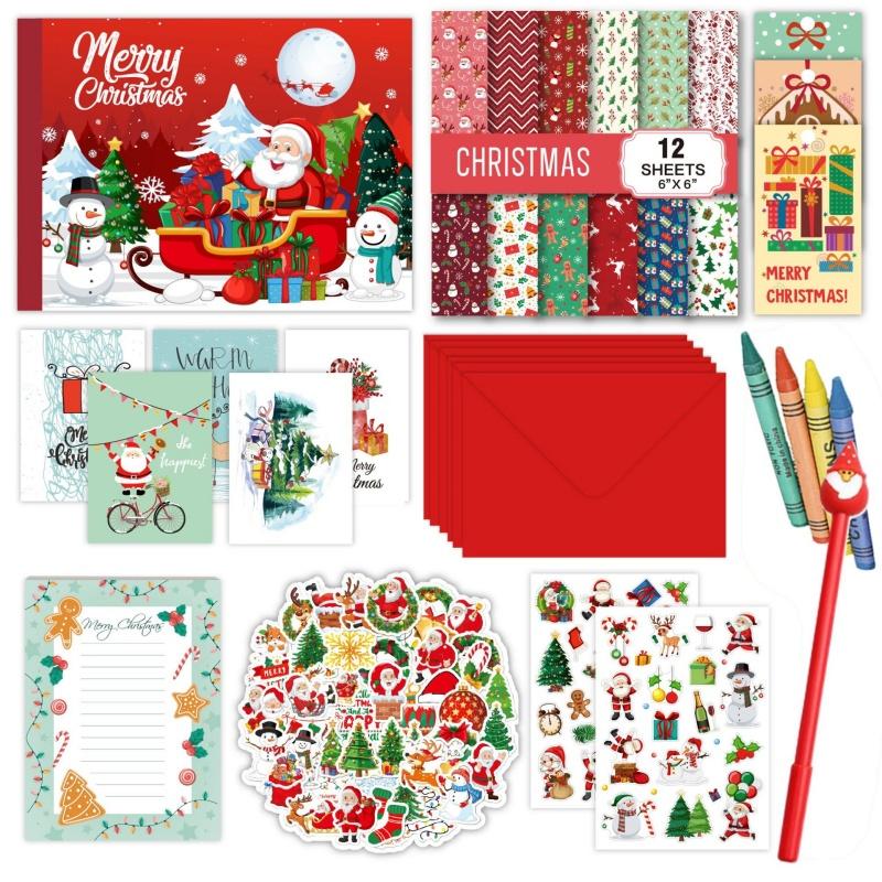 DIY Merry Christmas Scrapbook Kid's Journal Set Red Stationery Box Gold Silver Foil Notebooks Stickers Decorative Clips Pen Set