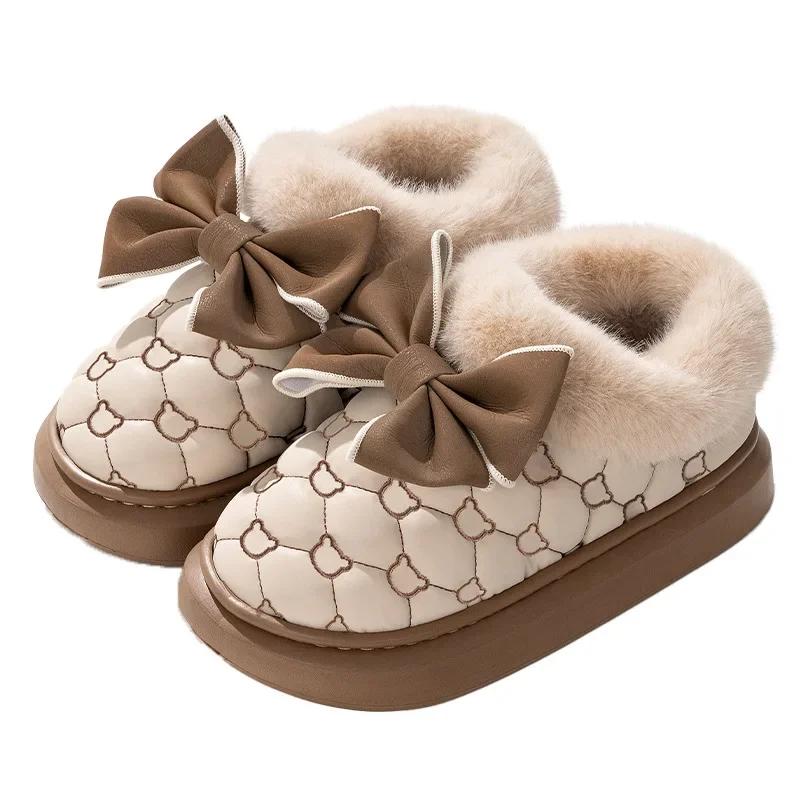 Stivali da neve da donna, invernali, caldi e spessi, alla caviglia, antiscivolo, con fiocco in pelliccia, scarpe in cotone, comodi, impermeabili, in peluche