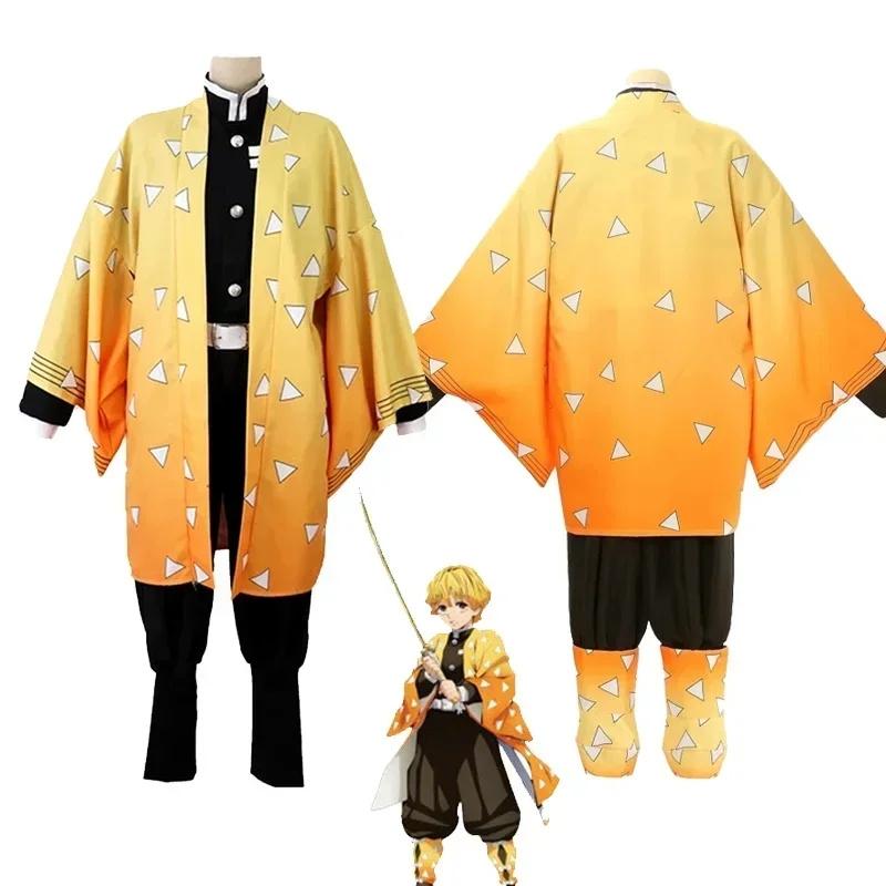 Costume Cosplay Kimono Uniforme Agatsuma Zenitsu Anime Demon Slayer Kimetsu No Yaiba per Adulti e Bambini Costumi per Feste di Halloween