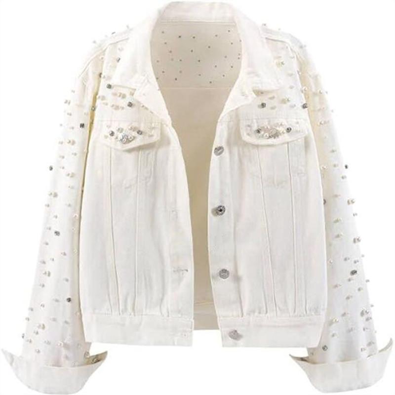 Women Denim Coat Jacket Diamonds Pearls Turn Down Collar Single Breasted Pockets Washed Vintage Streetwear Autumn Outerwear