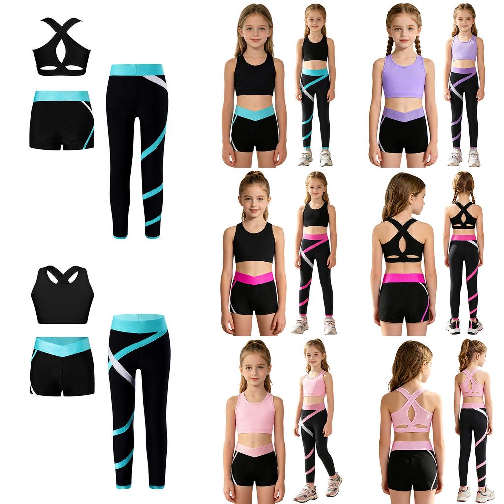 Kids Girls 3Pcs Sports Set U Neck Cross Back Keyhole Cropped Vest with Contrast Color Pants Shorts for Running Workout Yoga