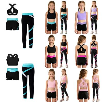 Conjunto esportivo infantil feminino 3 peças, decote em U, costas cruzadas, colete curto com buraco de fechadura e calças de cor contrastante, shorts para corrida, treino, ioga