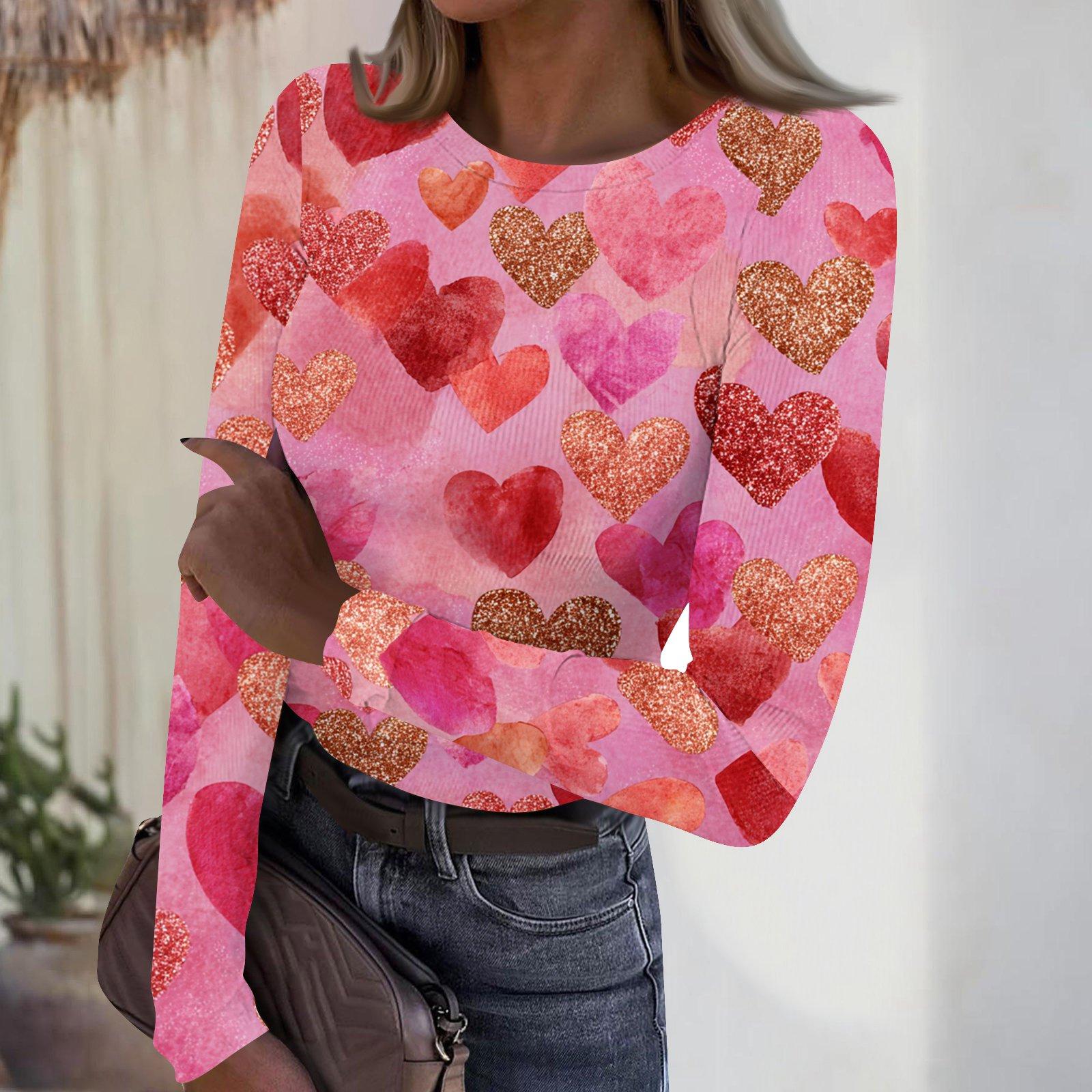 

Жіночий повсякденний та модний круглий виріз, довгий рукав, рубчастий топ з принтом до Дня Святого Валентина. XXL рожевий