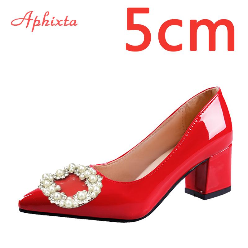 Aphixta 7cm 5cm Square Heels Patent Leather Pearl Buckle Shoes Woman Classics Pointed Toe Dress Official Pumps Party Big Size 48