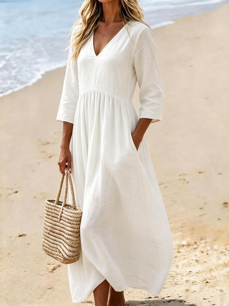 Damen V-Ausschnitt Midi Kleid Lässig Strandurlaub Einfarbig A-Linien Kleid mit Taschen
