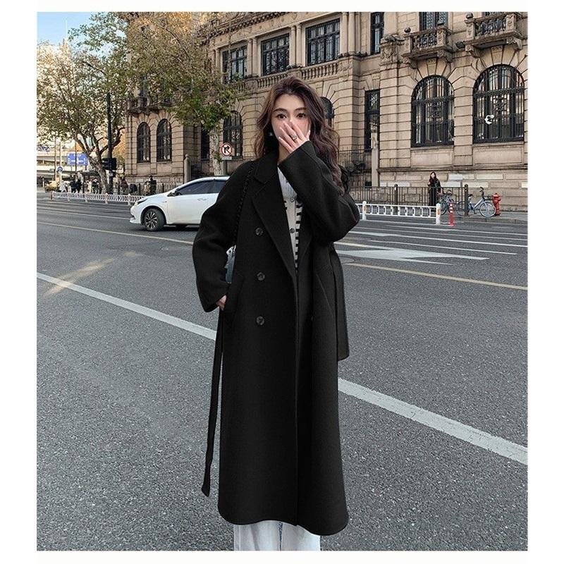 Damen Doppelreihiger Langer Wollmischung Trenchcoat Reverskragen Locker Warm Winter Oberbekleidung Übermantel