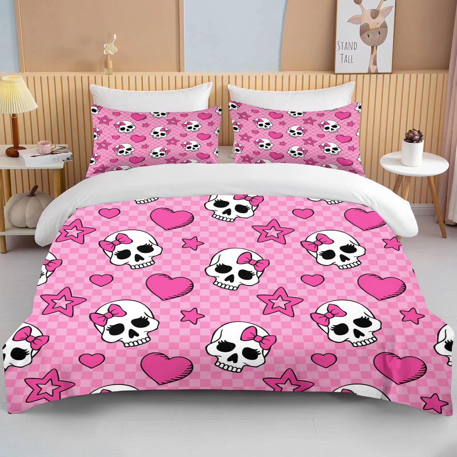 

Comforter Pink Skull Print Bedding Set 1 2 S Adult And Children Bedding Set Luxury Grils Gift Full Size Comforter (quilt)-EU Single(135*200cm)3pcs