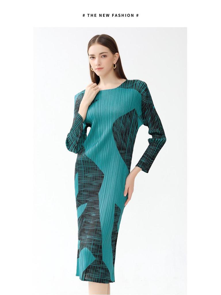 Elegantes A-Linien-Damenkleid: Frühling 2025, Rundhalsausschnitt, Kontrastfarbe, Lässiger Stil, Slim Fit, Langarm.