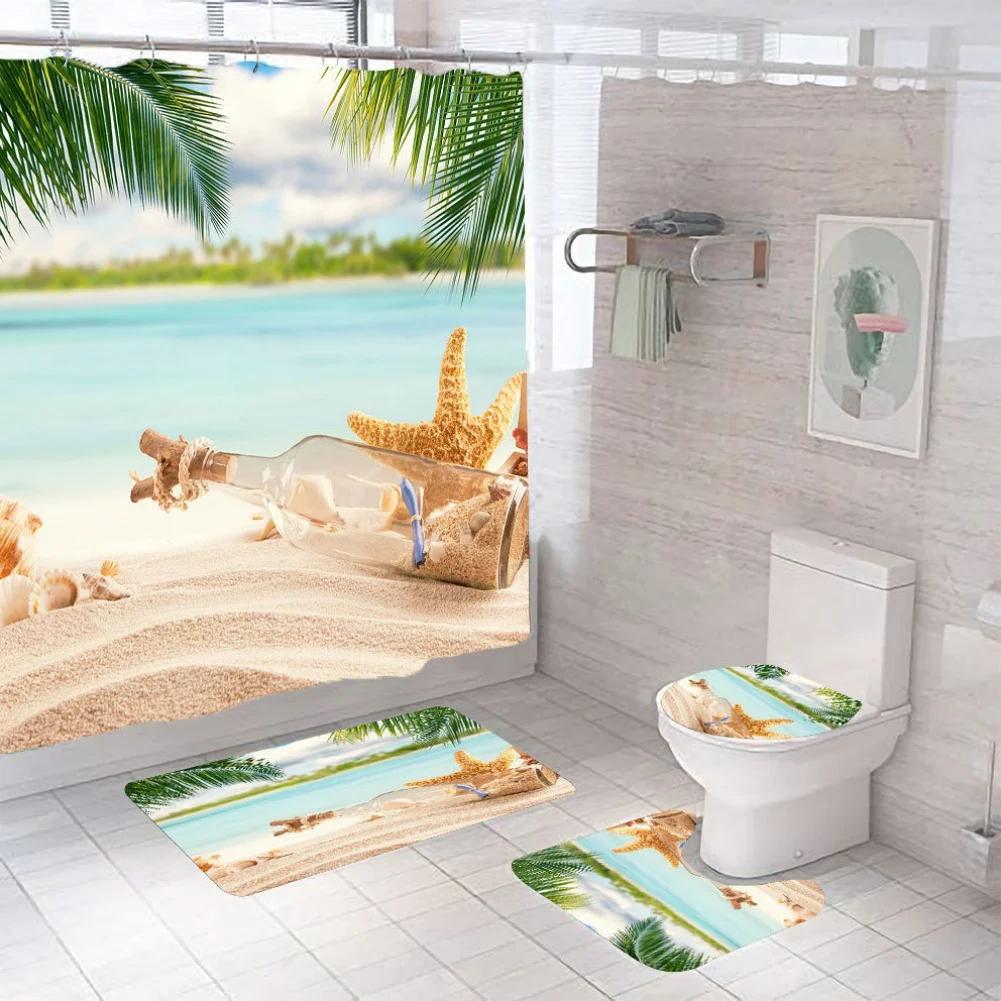 4pcs Beach Shells Shower Curtains Set Summer Waterproof Shower Curtain Anti-slip Mat Toilet Cover Set Marine Style Bathroom Deco