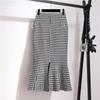 Trumpet Houndstooth Vintage High Waist Buttons Women's Skirt Korean Fashion Mermaid Mid-Calf Long Skirts Women Spring