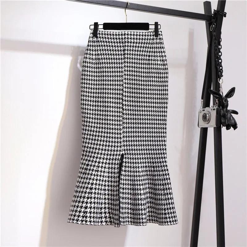 Trumpet Houndstooth Vintage High Waist Buttons Women's Skirt Korean Fashion Mermaid Mid-Calf Long Skirts Women Spring