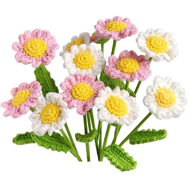 10 Pcs Crochet Flowers, Hand Woven Simulation Daisy Bouquet Knitted Daisy Flowers Chamomile Decor Flower for Home Office Festival Party.