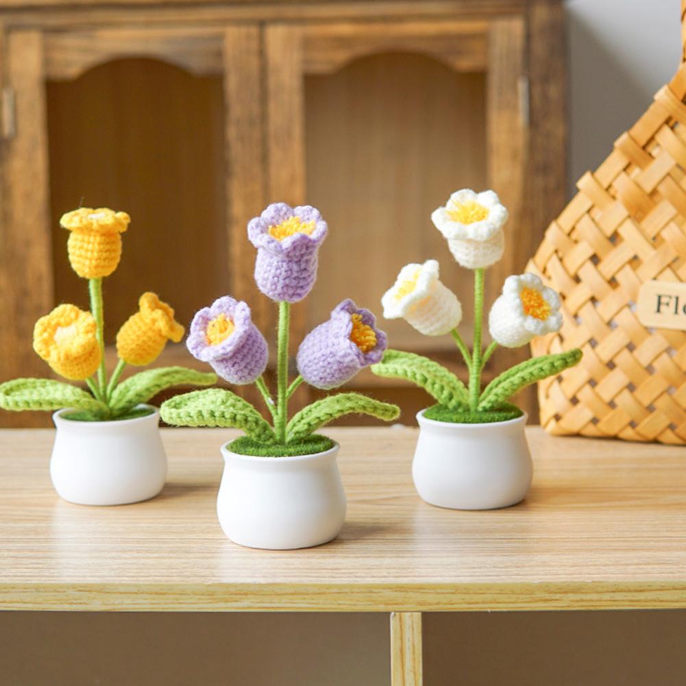 Handmade Crochet Flowers Potted Finished Woven Bouquet Artificial Knitted Flower Lily Table Home Decor