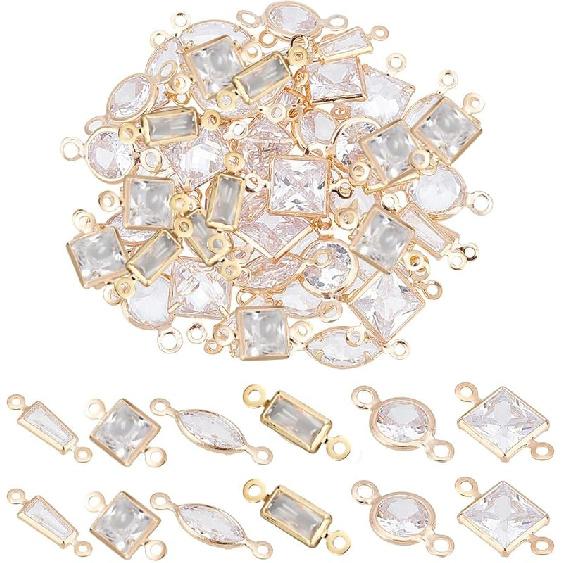 NBEADS 60 Pcs 6 Styles Cubic Zirconia Link Charm, Brass Micro Pave Charms Clear Cubic Zirconia Links, Horse Eye Square Rectangle Trapezoid Round Oval