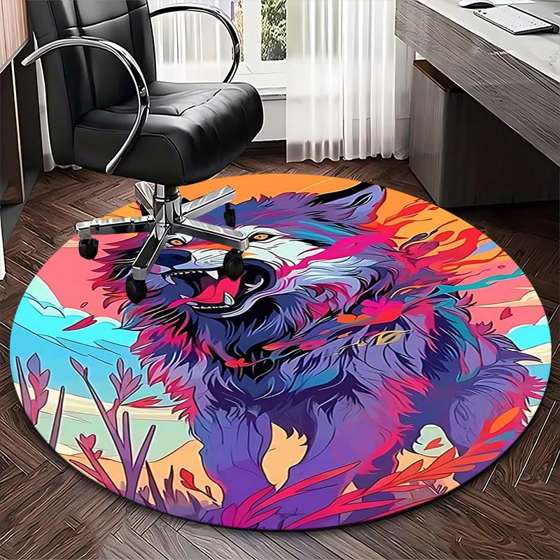 1pc Anime Wolf Round Carpet Office Chair Mat, Non Slip Rug for Home Decor, Gift, Office, Living Room, Bedroom