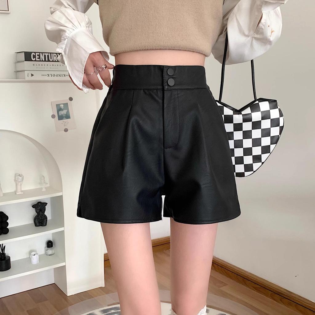 Women's Black High-Waist Slim-Fit Wide-Leg Shorts for Autumn