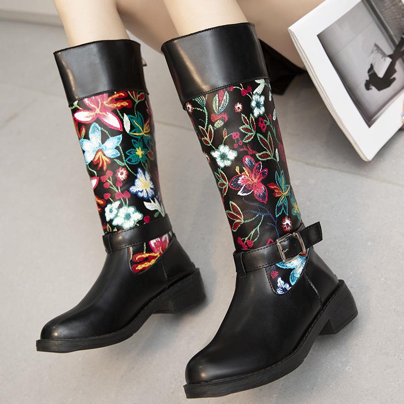 Retro Printed Flower Cowgirl Boots Women Shoes Woman Genuine Leather Mid-calf Boots Winter Bohemian Knight Botas Mujer