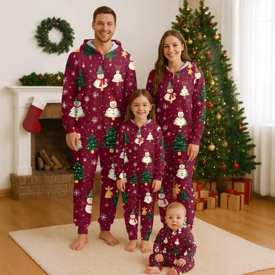 Christmas Print Family Matching Hooded Long Sleeved Zippered Jumpsuit Set