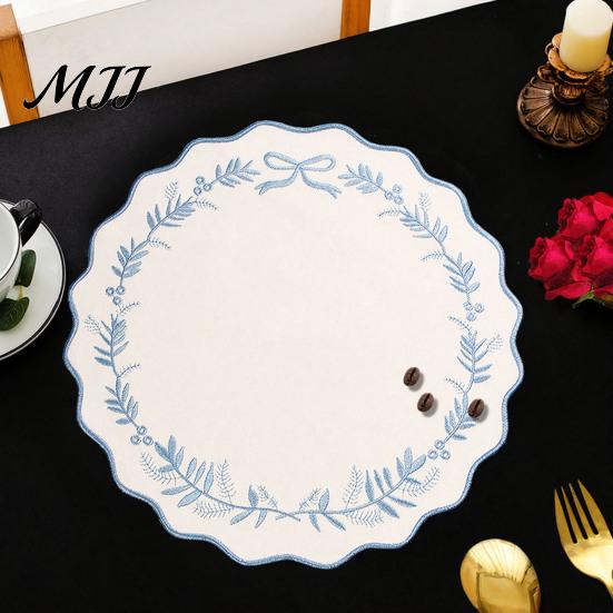 Heat Resistant Table Mats for Hot Dishes Embroidered Round Placemat, 15 Inch Scalloped Leaf Bow Embroidery Durable Fabric Kitchen Washable Insulation
