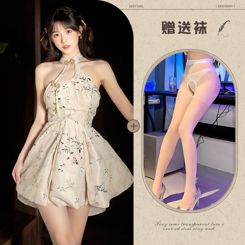 Sexy Underwear, National Color and Natural Fragrance, High Slits and Buttocks, New Chinese-style Printed Disc-buckled Cheongsam, Sexy Uniform