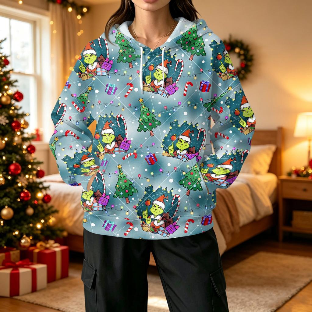 Women's Fashion Casual Christmas Print Hooded Sweatshirt with Pockets