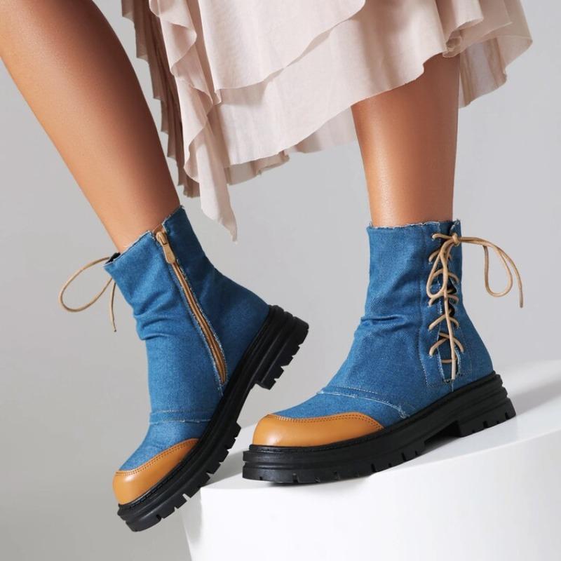 

2024 Осень Повседневный Деним Ботильоны с Перекрестными Ремнями Женские Сращивание Молния Боковая Толстая Подошва Средний Каблук Толстая Подошва Повседневная Женская Обувь 35 синий